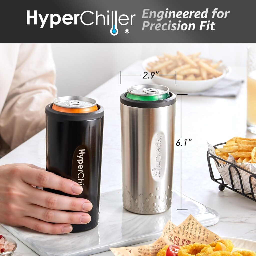 HyperChiller NEW SLIM HBC100SB, Dual Wall Vacuum Insulated, Slim Can Cooler, Beer, Soda, Energy Drinks, Seltzer, Wine Cooler, Fits All Standard OZ Slim Cans, Cup Holder Friendly, Black HyperChiller NEW SLIM HBC100SB, Dual Wall Vacuum Insulated, Slim Can Cooler, Beer, Soda, Energy Drinks, Seltzer, Wine Cooler, Fits All Standard OZ Slim Cans, Cup Holder Friendly, Black
