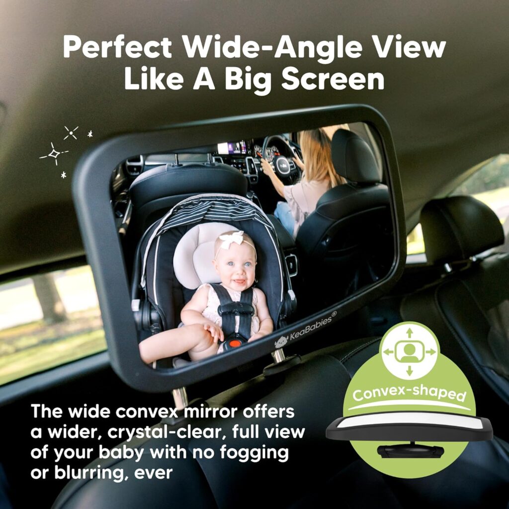 KeaBabies Baby Car Seat Mirror - Wide Shatterproof Backseat Infant Car Mirror for Baby Rear Facing, Crystal Clear View, Travel Accessories, Easy Install  Adjust for Removable Headrest (Matte Black)
