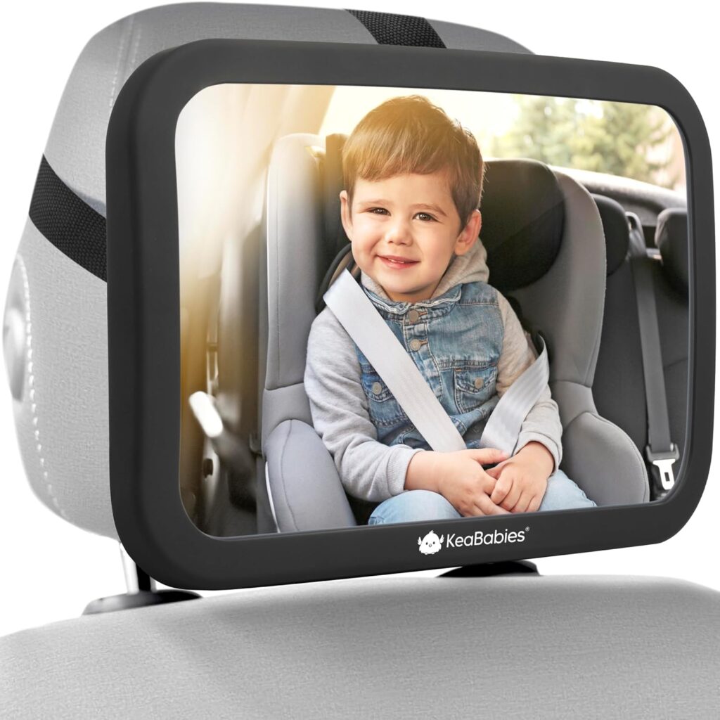 KeaBabies Baby Car Seat Mirror - Wide Shatterproof Backseat Infant Car Mirror for Baby Rear Facing, Crystal Clear View, Travel Accessories, Easy Install  Adjust for Removable Headrest (Matte Black)