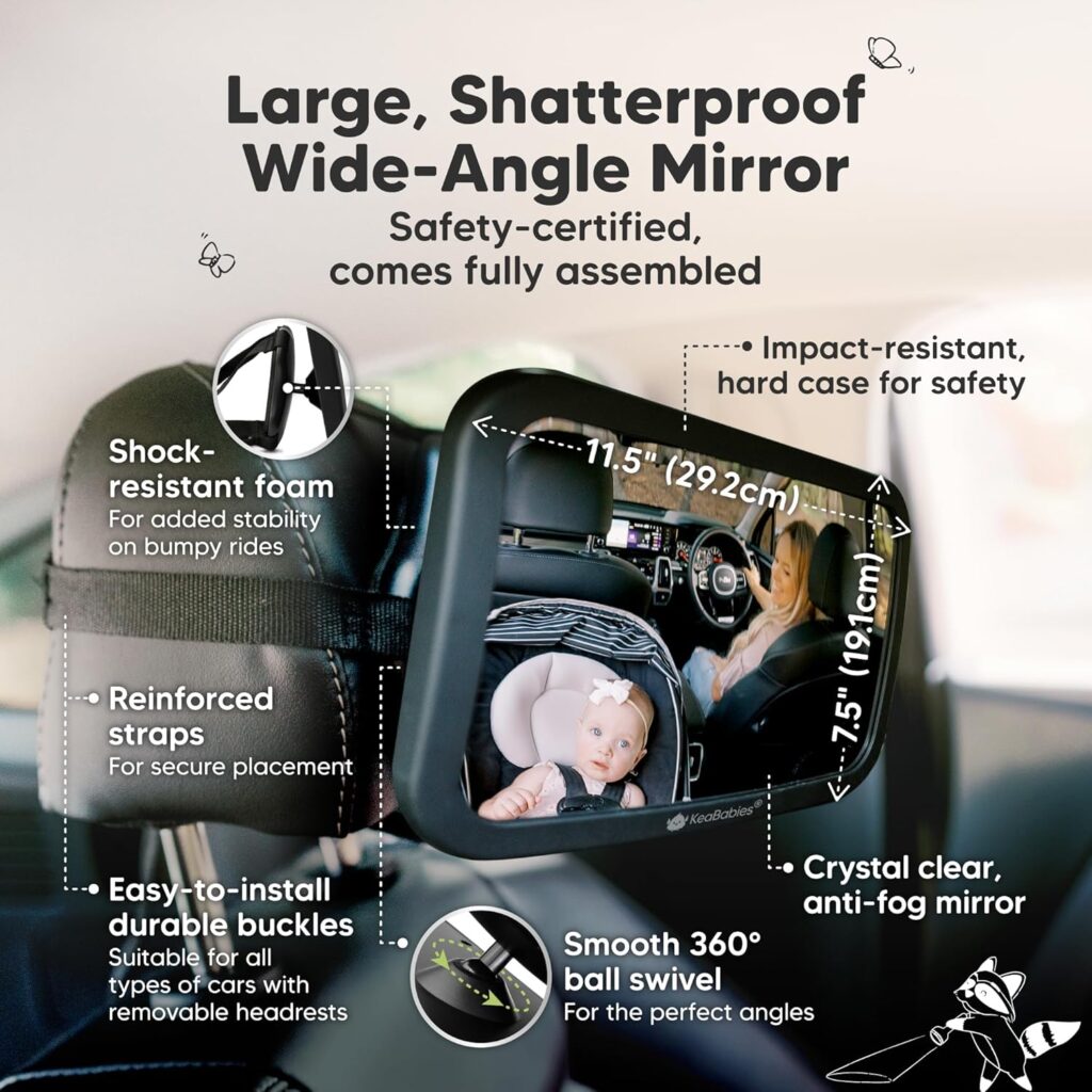 KeaBabies Baby Car Seat Mirror - Wide Shatterproof Backseat Infant Car Mirror for Baby Rear Facing, Crystal Clear View, Travel Accessories, Easy Install  Adjust for Removable Headrest (Matte Black)