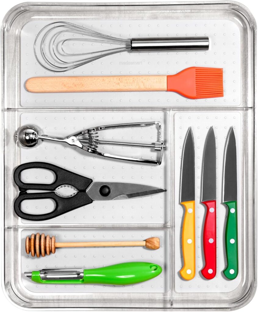 madesmart Premium Compartment Drawer Organizer, Multi Purpose Storage for Utensils, Office Tools, Cords,  Small Household Items, Tech Accessories, Arts  Crafts Supplies, Non Slip Lining, Clear