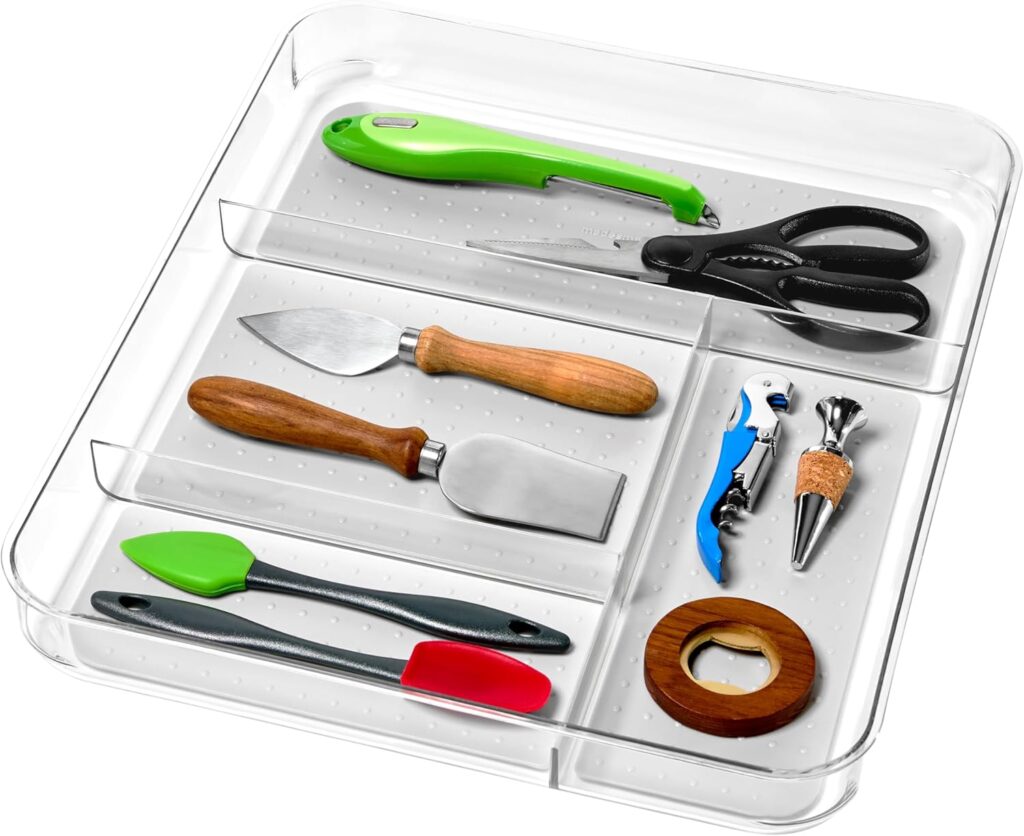 madesmart Premium Compartment Drawer Organizer, Multi Purpose Storage for Utensils, Office Tools, Cords,  Small Household Items, Tech Accessories, Arts  Crafts Supplies, Non Slip Lining, Clear