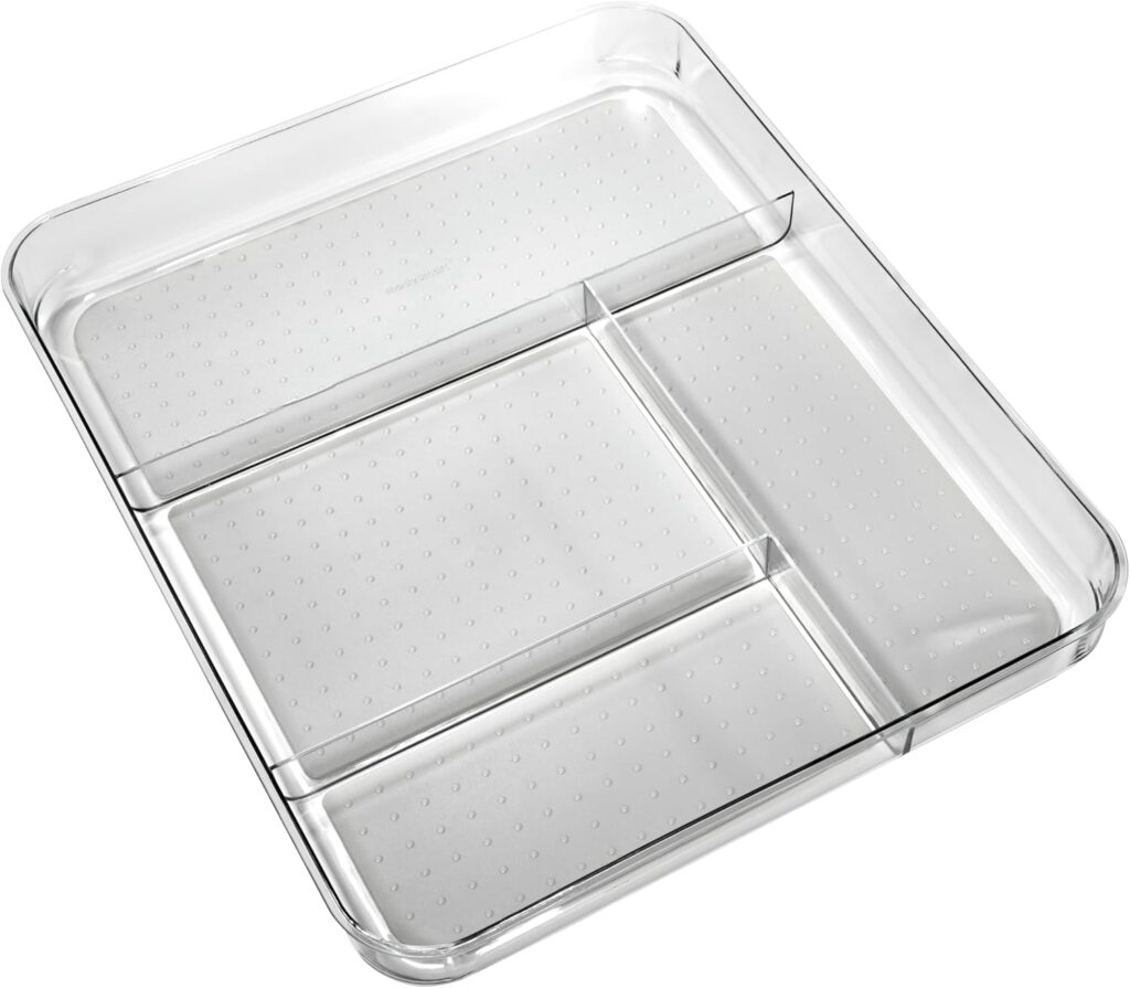 madesmart Premium Compartment Drawer Organizer, Multi Purpose Storage for Utensils, Office Tools, Cords,  Small Household Items, Tech Accessories, Arts  Crafts Supplies, Non Slip Lining, Clear