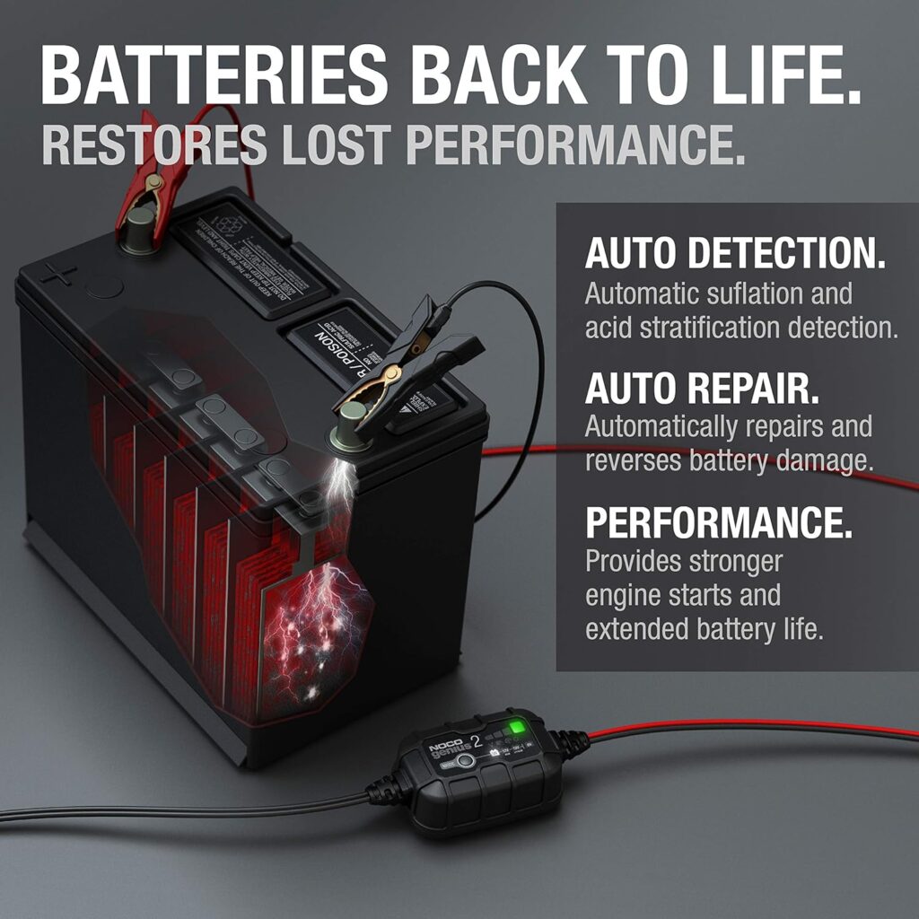 NOCO GENIUS2: 2A 6V/12V Smart Battery Charger – Automatic Maintainer, Trickle Charger  Desulfator with Overcharge Protection  Temperature Compensation – for Lead-Acid  Lithium Batteries
