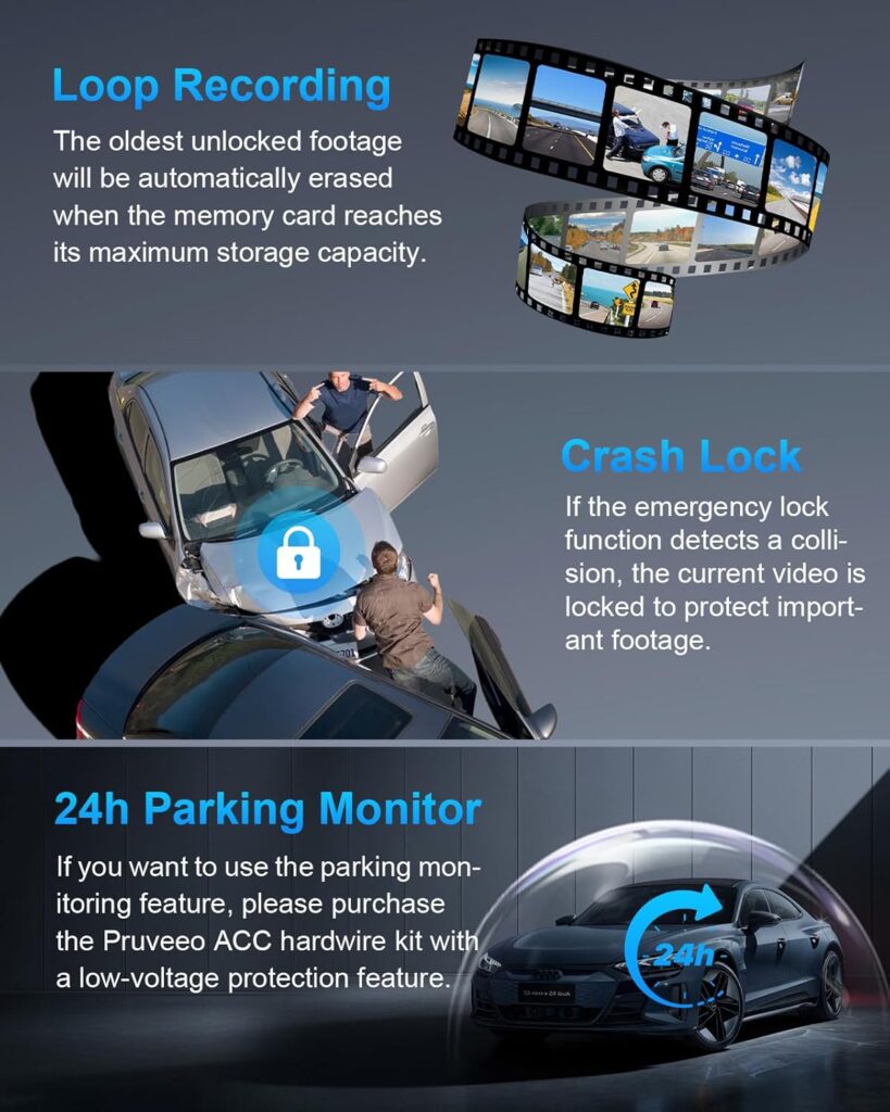 PRUVEEO 360° Channel Dash Cam Front and Rear Inside Left Right, Dash Camera for Cars, Built-in GPS WiFi Night Vision,/7 Recording Parking Mode Monitor, 128G Card Included