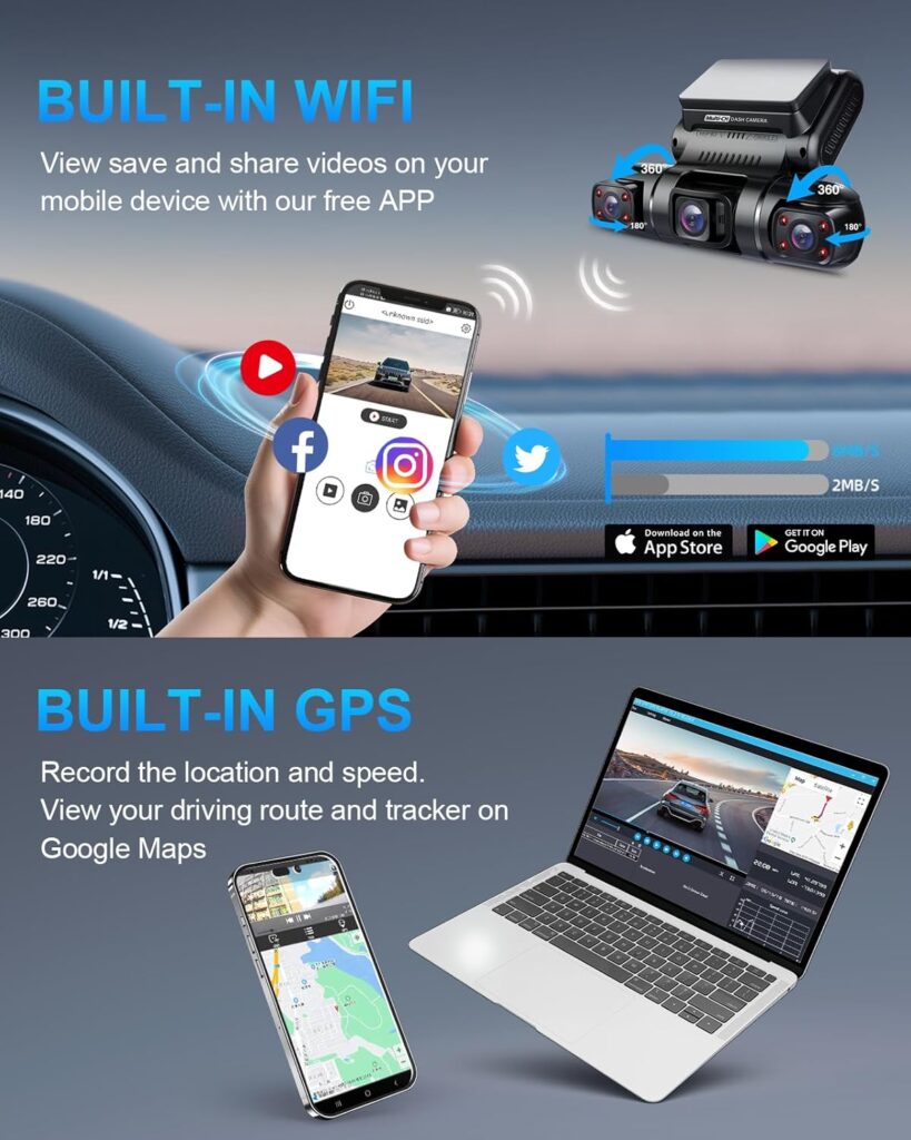 PRUVEEO 360° Channel Dash Cam Front and Rear Inside Left Right, Dash Camera for Cars, Built-in GPS WiFi Night Vision,/7 Recording Parking Mode Monitor, 128G Card Included