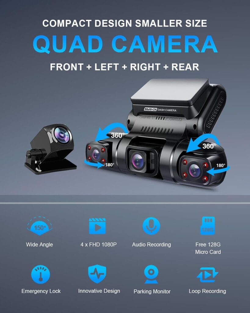 PRUVEEO 360° Channel Dash Cam Front and Rear Inside Left Right, Dash Camera for Cars, Built-in GPS WiFi Night Vision,/7 Recording Parking Mode Monitor, 128G Card Included