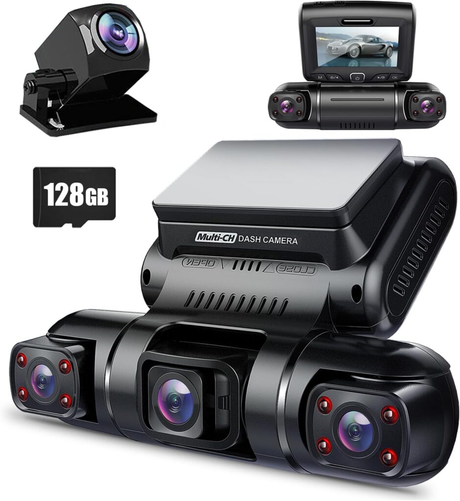 PRUVEEO 360° Channel Dash Cam Front and Rear Inside Left Right, Dash Camera for Cars, Built-in GPS WiFi Night Vision,/7 Recording Parking Mode Monitor, 128G Card Included