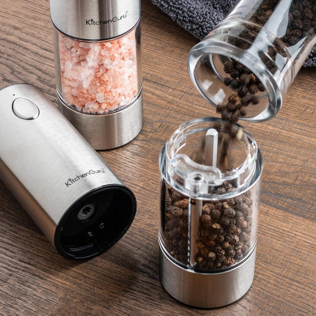 Rechargeable Salt  Pepper Grinder Set - Auto Electric Grinder with Coarseness Levels, LED Light, Push Button Operation, Lithium Power USB-C Charging, Great Kitchen Gadget Gift.