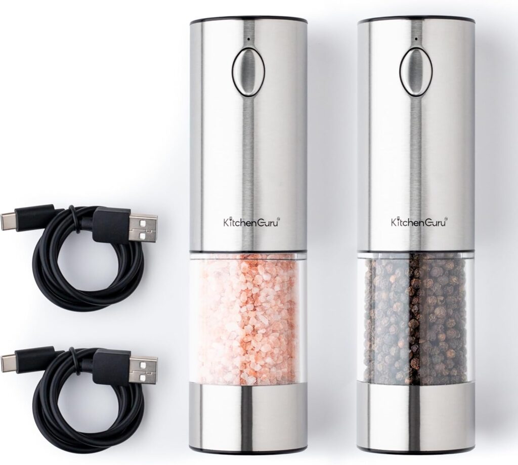 Rechargeable Salt  Pepper Grinder Set - Auto Electric Grinder with Coarseness Levels, LED Light, Push Button Operation, Lithium Power USB-C Charging, Great Kitchen Gadget Gift.
