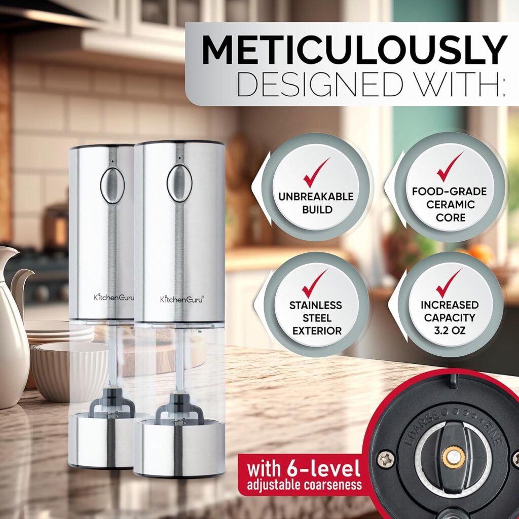 Rechargeable Salt  Pepper Grinder Set - Auto Electric Grinder with Coarseness Levels, LED Light, Push Button Operation, Lithium Power USB-C Charging, Great Kitchen Gadget Gift.
