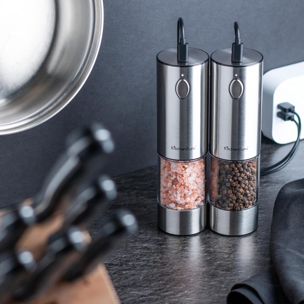 Rechargeable Salt  Pepper Grinder Set - Auto Electric Grinder with Coarseness Levels, LED Light, Push Button Operation, Lithium Power USB-C Charging, Great Kitchen Gadget Gift.