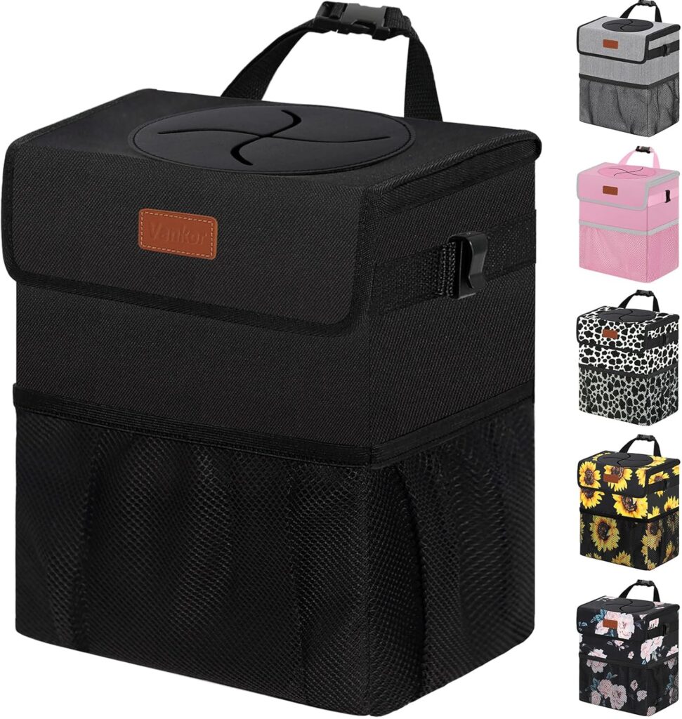Vankor Car Trash Can Bin with Lid Hanging for Back Seat, Car Accessories for Women Men Leak Proof Automotive Garbage Cans Leakproof Vehicle Trash Can for Truck SUV Black