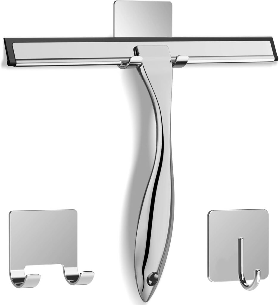 All-Purpose Stainless Steel Shower Squeegee for Shower Glass Door with Adhesive Hooks, Bathroom Cleaner Tool Household Window Mirror Squeegee , Cleaning Tile Wall, Car, Inch Silver