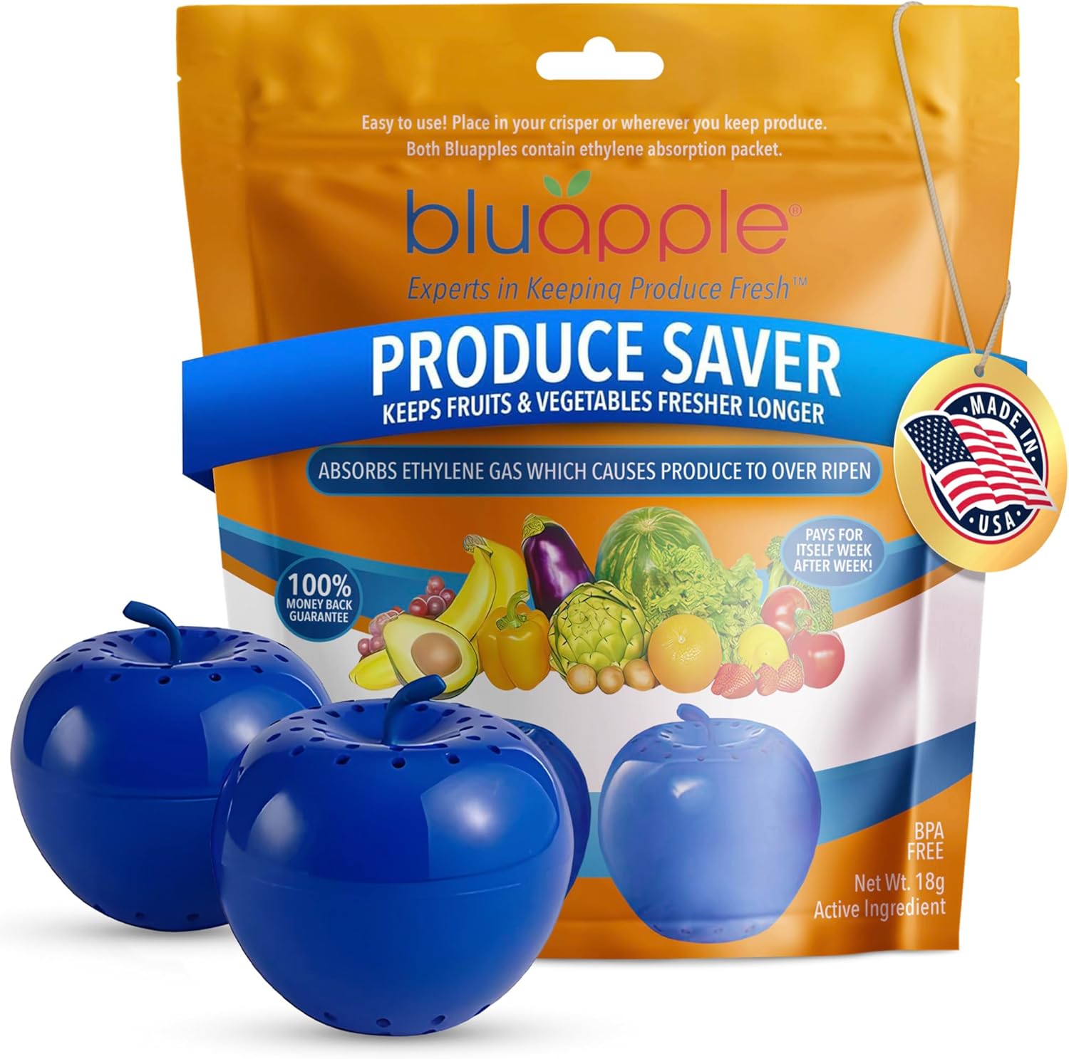 Bluapple Produce Saver Ethylene Gas Absorber – Fresh Fruit & Vegetable Storage for Refrigerator Crisper, Shelves & Fruit Bowls, Produce Keeper, Fruit Saver, Kitchen Must Haves, BPA-Free – 2-Pack