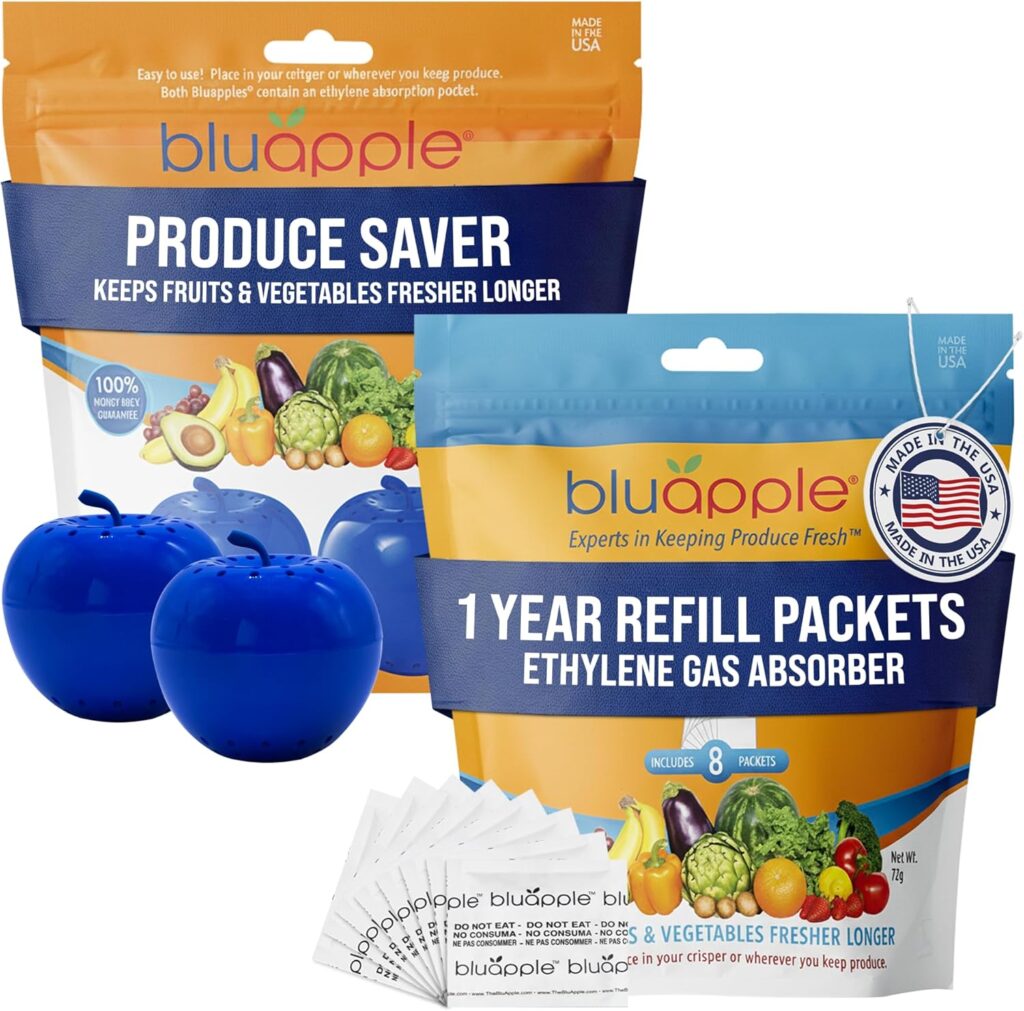 Bluapple Produce Saver Ethylene Gas Absorber - Fresh Fruit Vegetable Storage for Refrigerator Crisper, Shelves Fruit Bowls, Produce Keeper, Fruit Saver, Kitchen Must Haves, BPA-Free - 2-Pack Bluapple Produce Saver Ethylene Gas Absorber - Fresh Fruit Vegetable Storage for Refrigerator Crisper, Shelves Fruit Bowls, Produce Keeper, Fruit Saver, Kitchen Must Haves, BPA-Free - 2-Pack