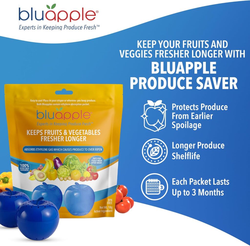 Bluapple Produce Saver Ethylene Gas Absorber - Fresh Fruit Vegetable Storage for Refrigerator Crisper, Shelves Fruit Bowls, Produce Keeper, Fruit Saver, Kitchen Must Haves, BPA-Free - 2-Pack Bluapple Produce Saver Ethylene Gas Absorber - Fresh Fruit Vegetable Storage for Refrigerator Crisper, Shelves Fruit Bowls, Produce Keeper, Fruit Saver, Kitchen Must Haves, BPA-Free - 2-Pack