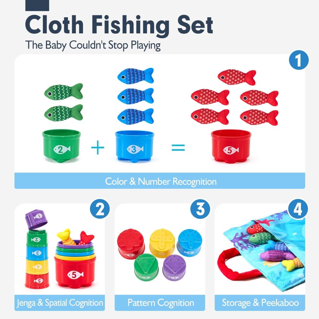 hahaland Montessori Toys for Year Old Boy Girl Birthday Gift - in Cloth Fishing Game Toddler Toys with Stacking Cups - Number Counting, Color Sorting Learning