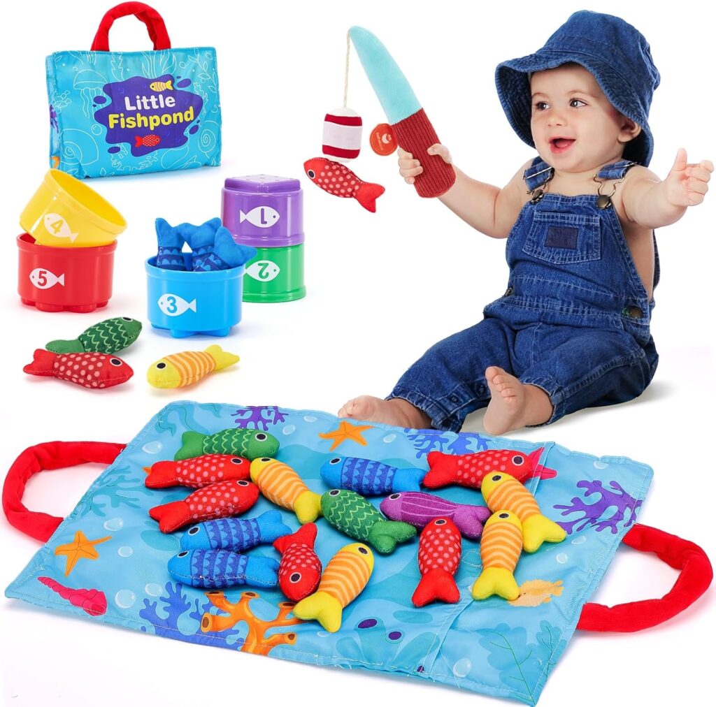hahaland Montessori Toys for Year Old Boy Girl Birthday Gift - in Cloth Fishing Game Toddler Toys with Stacking Cups - Number Counting, Color Sorting Learning