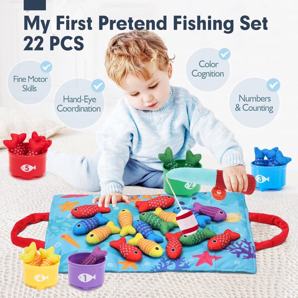 hahaland Montessori Toys for Year Old Boy Girl Birthday Gift - in Cloth Fishing Game Toddler Toys with Stacking Cups - Number Counting, Color Sorting Learning