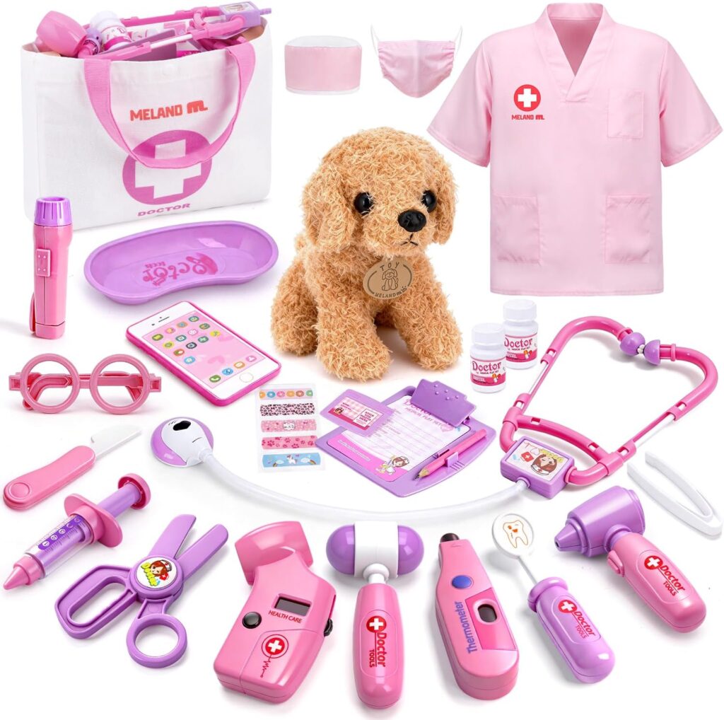 Meland Toy Doctor Kit for Girls, Pretend Play Toy Doctor Set with Dog , Carrying Bag, Stethoscope  Dress Up Costume Gift for Kids Toddlers Ages Year Old for Role Play