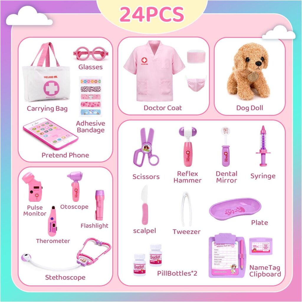 Meland Toy Doctor Kit for Girls, Pretend Play Toy Doctor Set with Dog , Carrying Bag, Stethoscope  Dress Up Costume Gift for Kids Toddlers Ages Year Old for Role Play