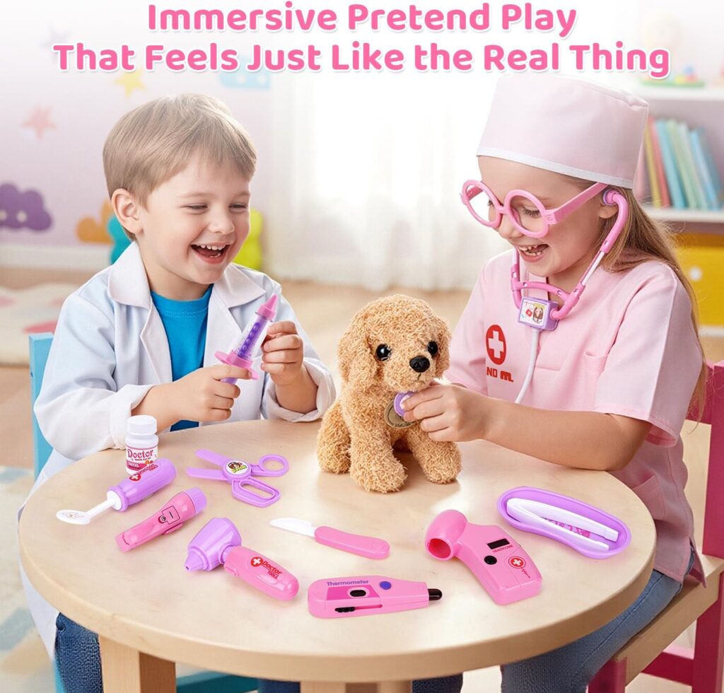 Meland Toy Doctor Kit for Girls, Pretend Play Toy Doctor Set with Dog , Carrying Bag, Stethoscope  Dress Up Costume Gift for Kids Toddlers Ages Year Old for Role Play
